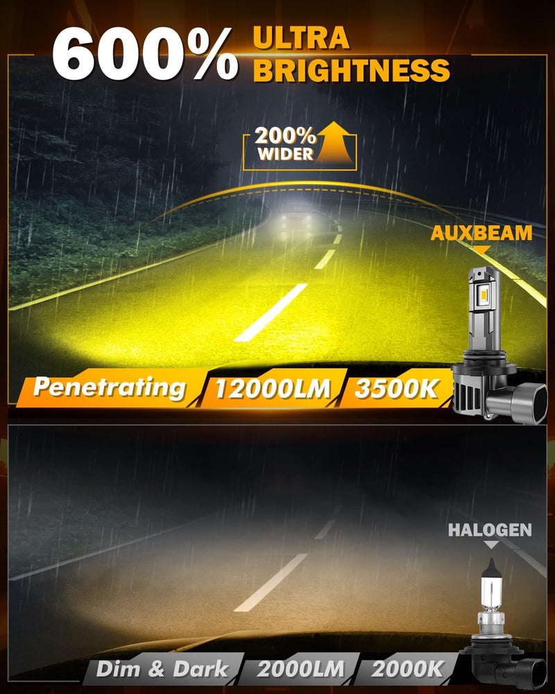 Auxbeam 9006 أضواء الضباب، 3000K أصفر ذهبي، 12000LM سطوع فائق 600% أكثر سطوعًا، رؤية محسّنة للضباب والطرق الوعرة، توصيل وتشغيل، عبوة من 2 - Image 3